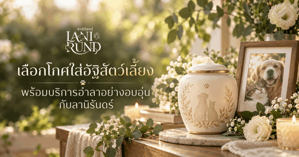 โกศใส่อัฐิสัตว์เลี้ยงเซรามิกสีครีมลวดลายสุนัขและแมวสีทอง